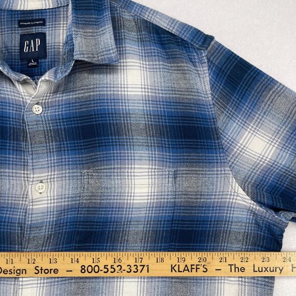 GAP Shirt Mens L Brushed Twill Plaid Flannel Standard Fit Stretch Button Up Blue - Picture 12 of 14